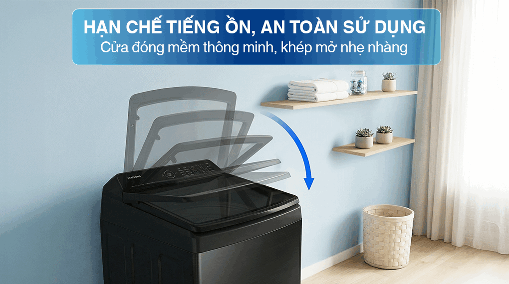  Máy Giặt Samsung Cửa Trên WA40F12E4CSV 12.5kg với mặt kính cường lực và chống sập không cần lo lắng khi thả tay gây nguy hiểm